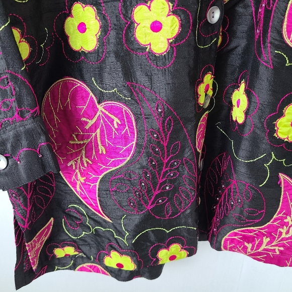 Blue Bayou Black Floral Embroidered Beaded Silk Art To Wear Boho Jacket - Picture 10 of 13